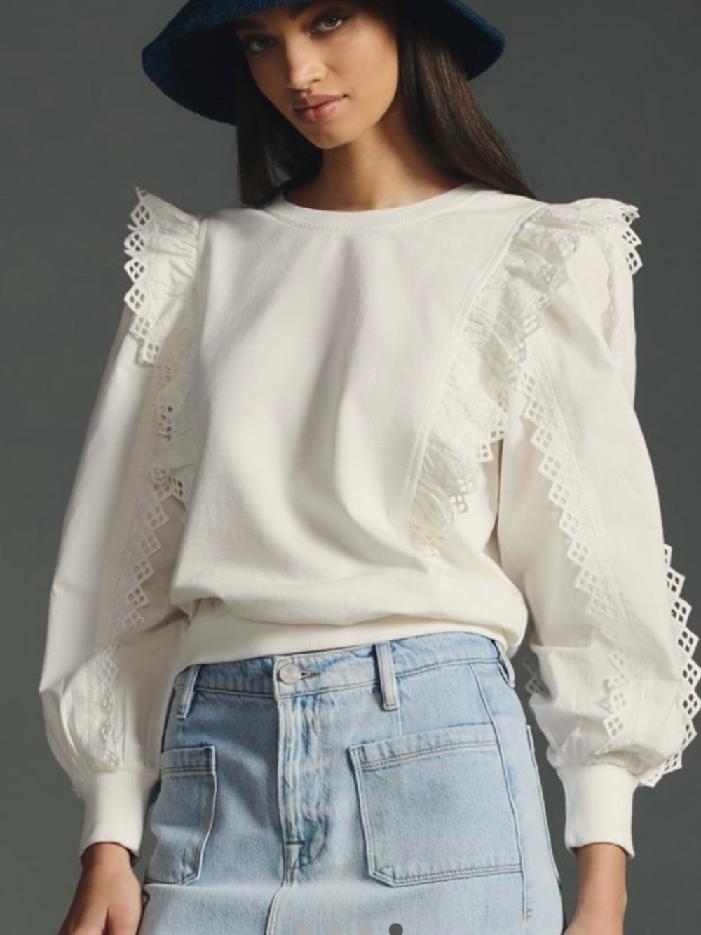 Anthropologie Ivory Eyelet Ruffle Puff Sleeve Sweatshirt